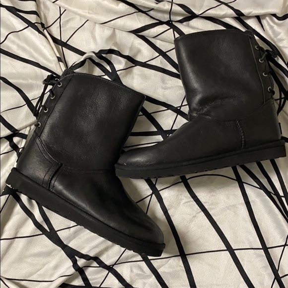 Ugg Black Leather Logo Ties Booties New NeverUsed